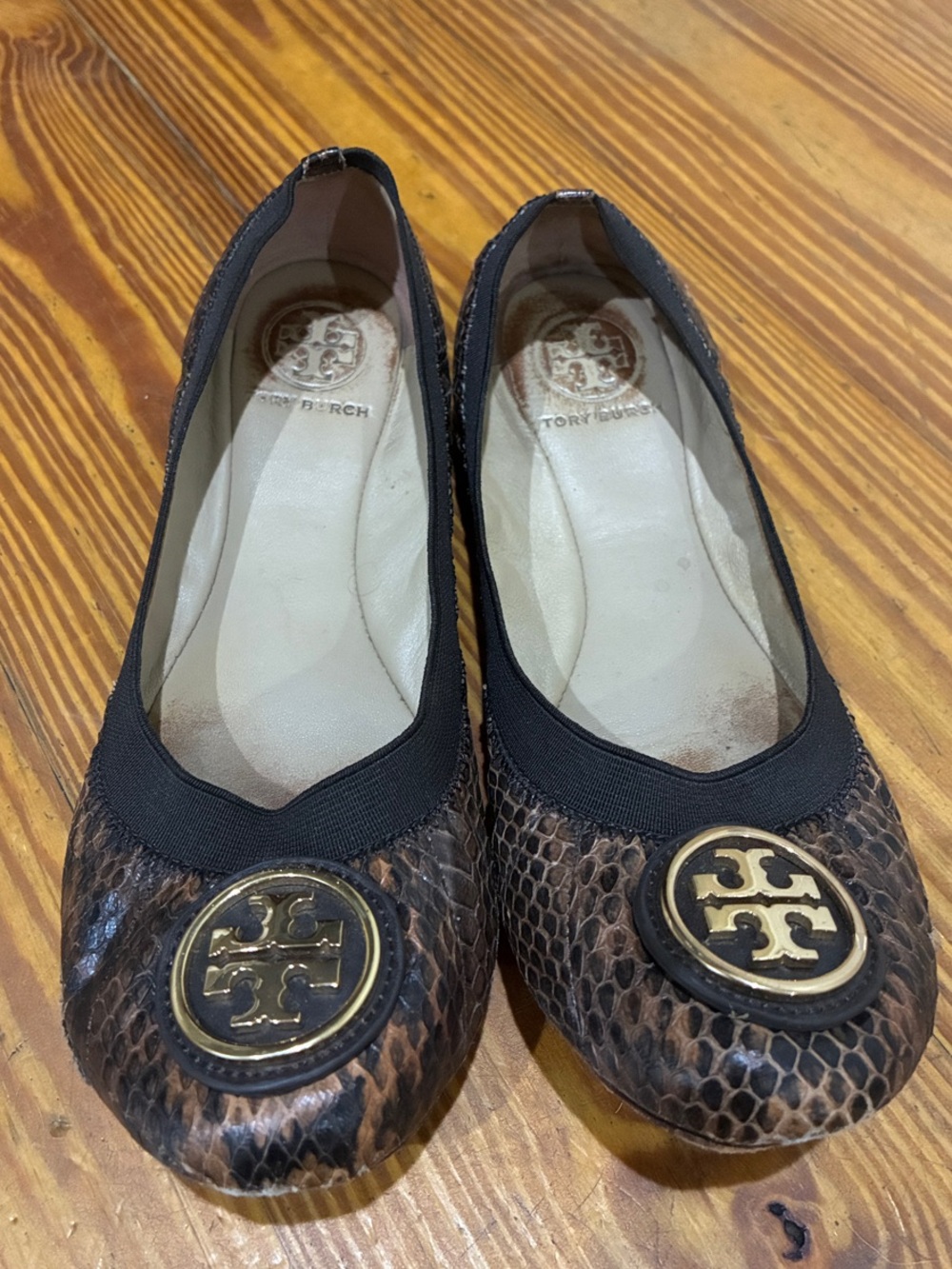 Tory Burch Brown Snake-Print Reva Logo Flats